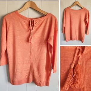 Talbots 100% Linen Top XLP Coral Keyhole Tassel 3/4 Sleeve Popover